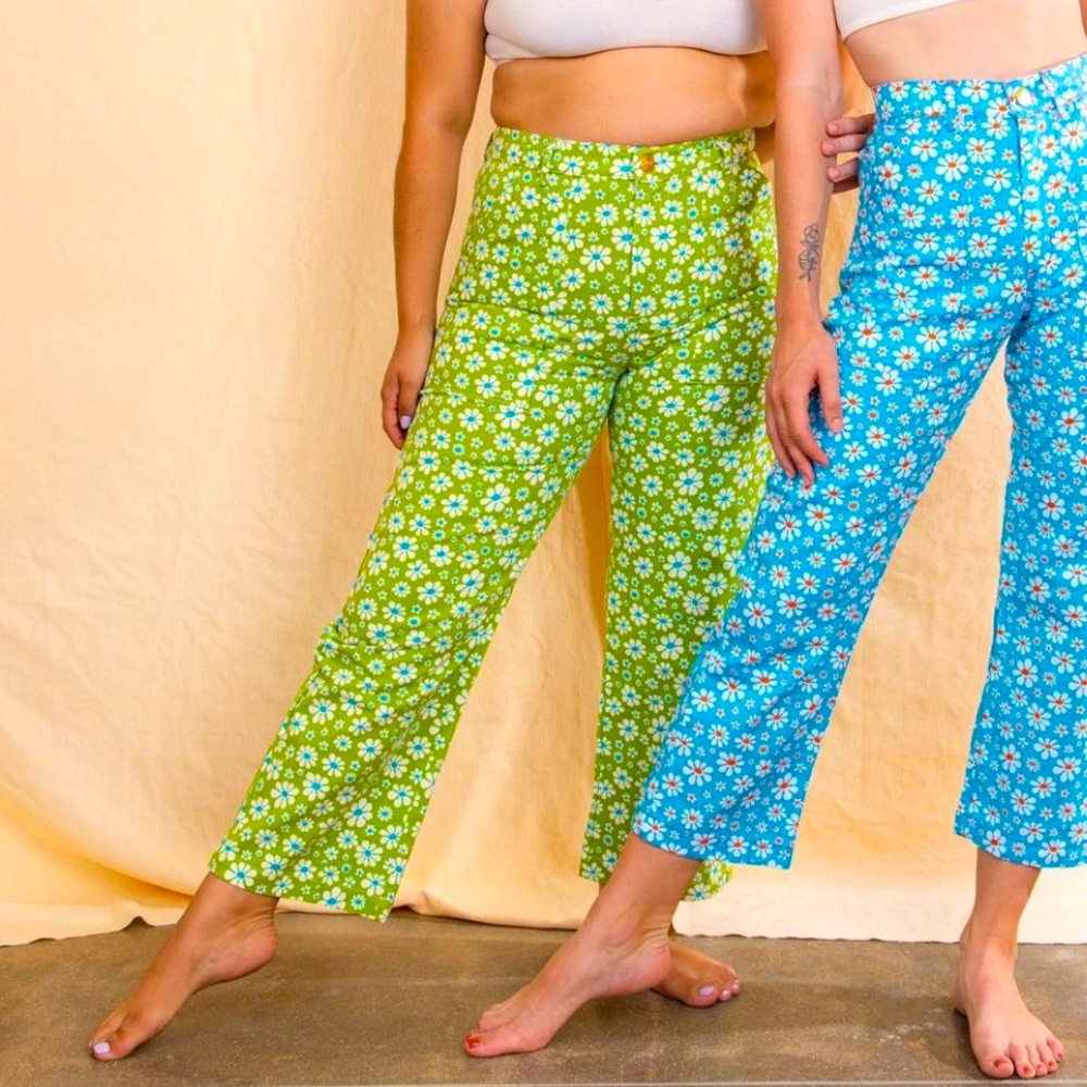 Big Bud Press Work Pants. Green Lazy Daisy Print. Limited Edition Print. Size S